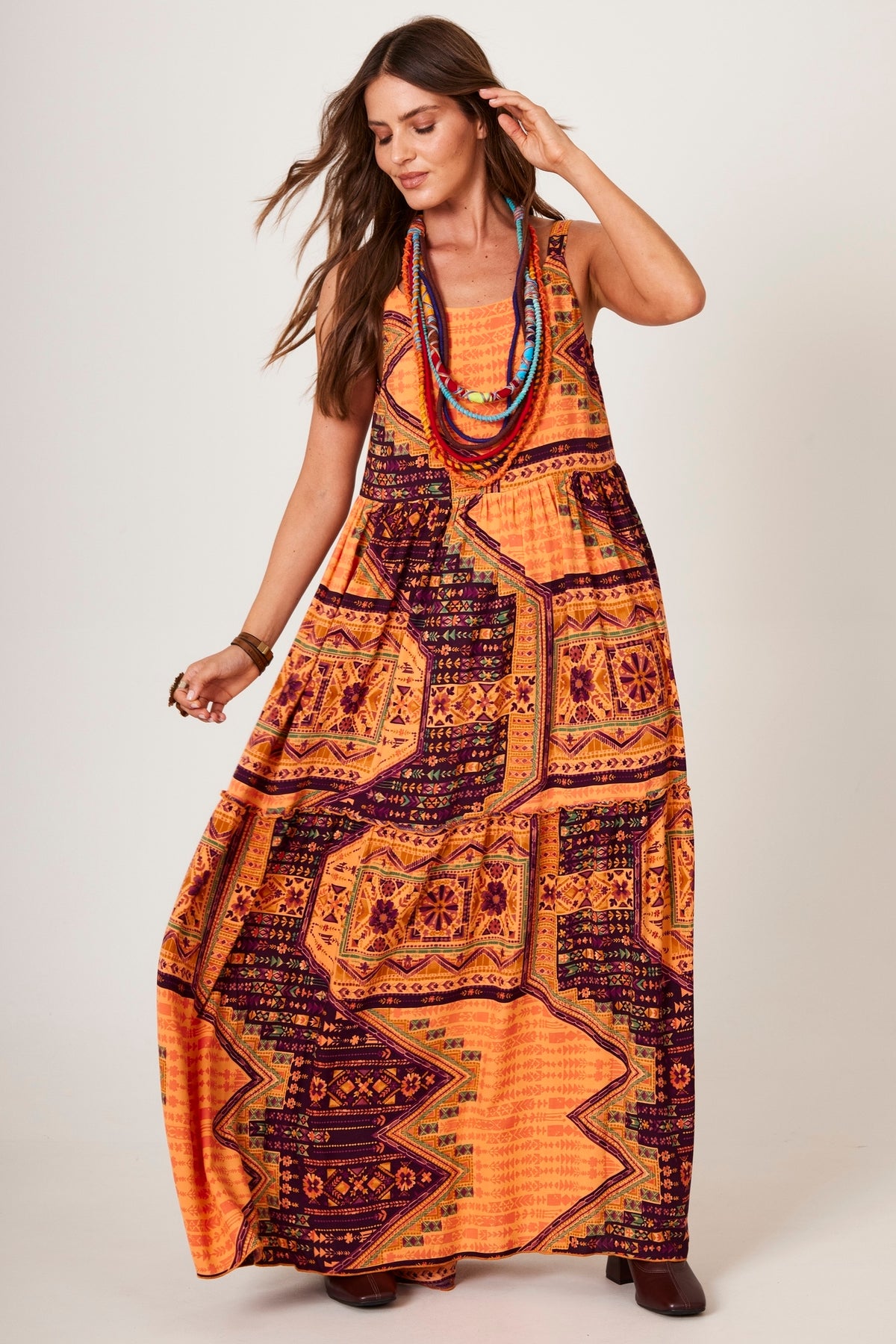 Orange Yacamim E1 Geometric Print Wide Strap Long Dress