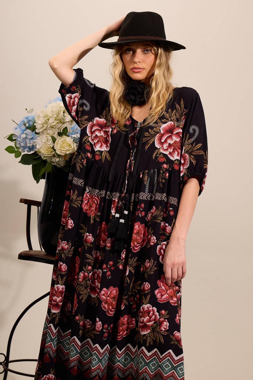 Yacamim Black Printed 3/4 Sleeve Long Dress