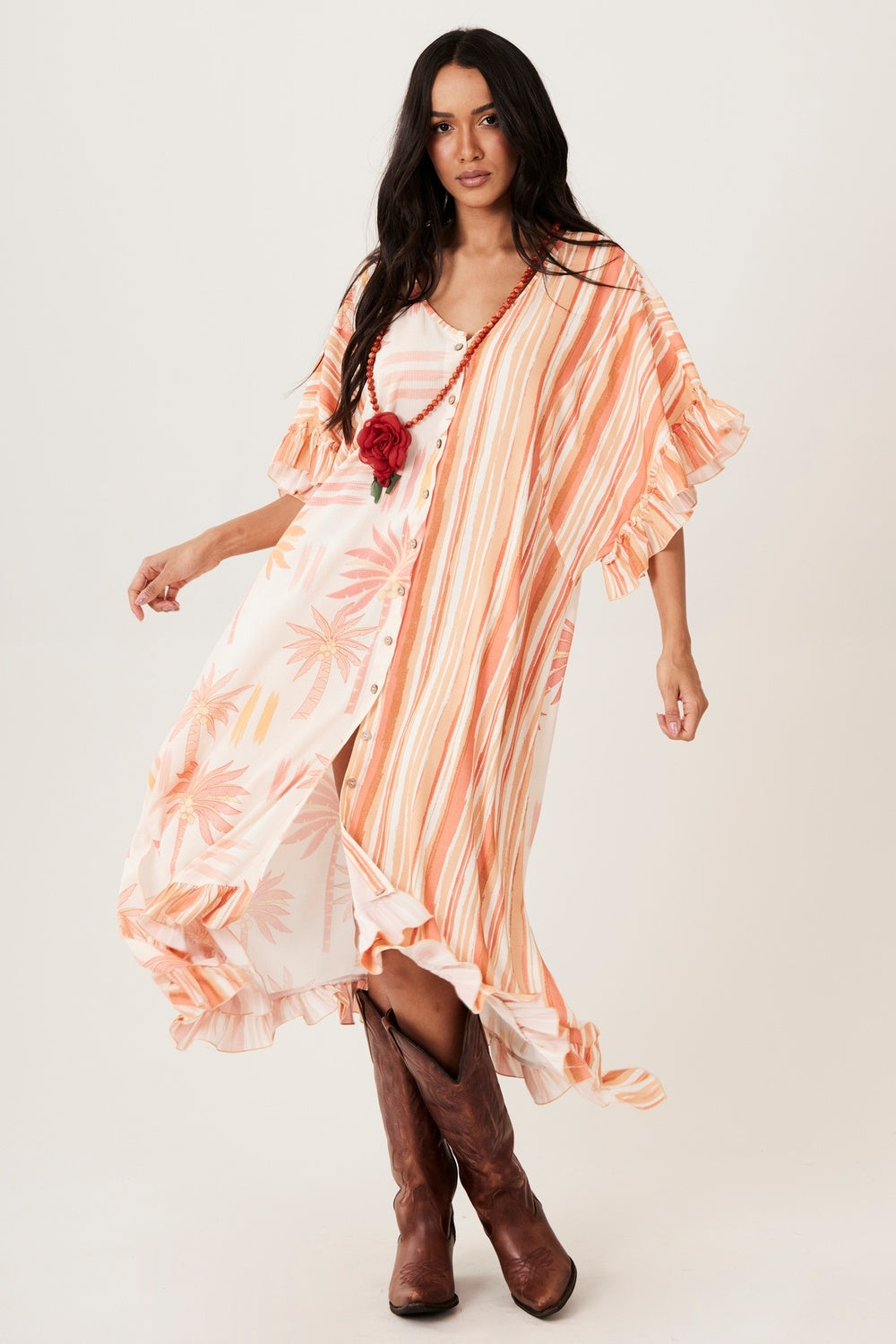 Yacamim J1 Rose Printed 3/4 Sleeve Midi Kaftan