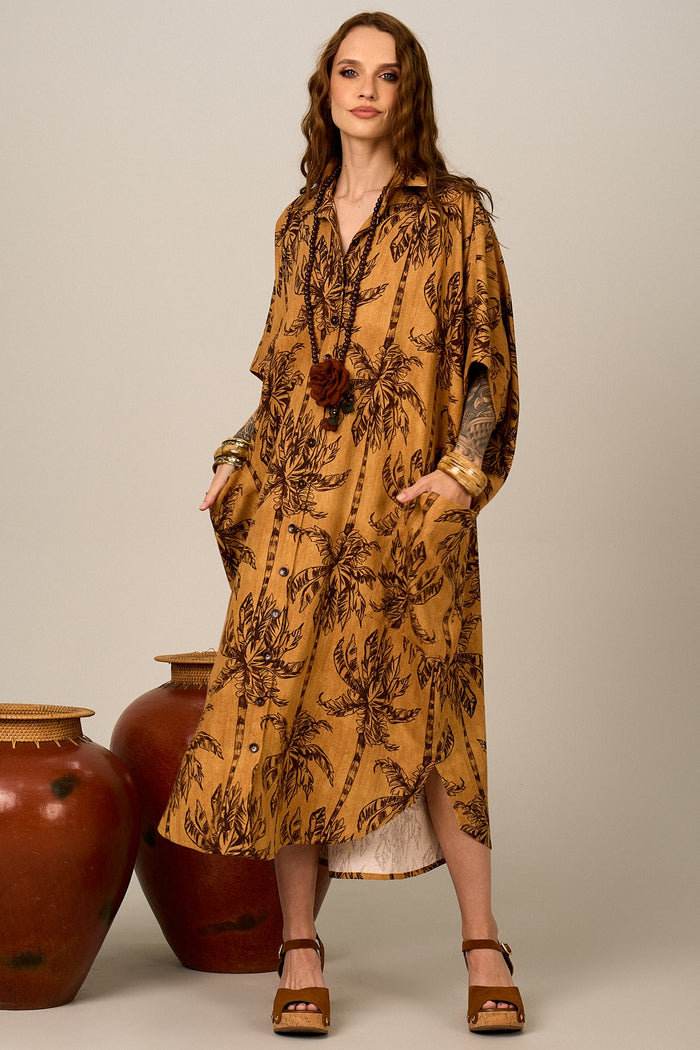 Chemise Midi Viscolinho Brown Coconut Tree Print Yacamim P3
