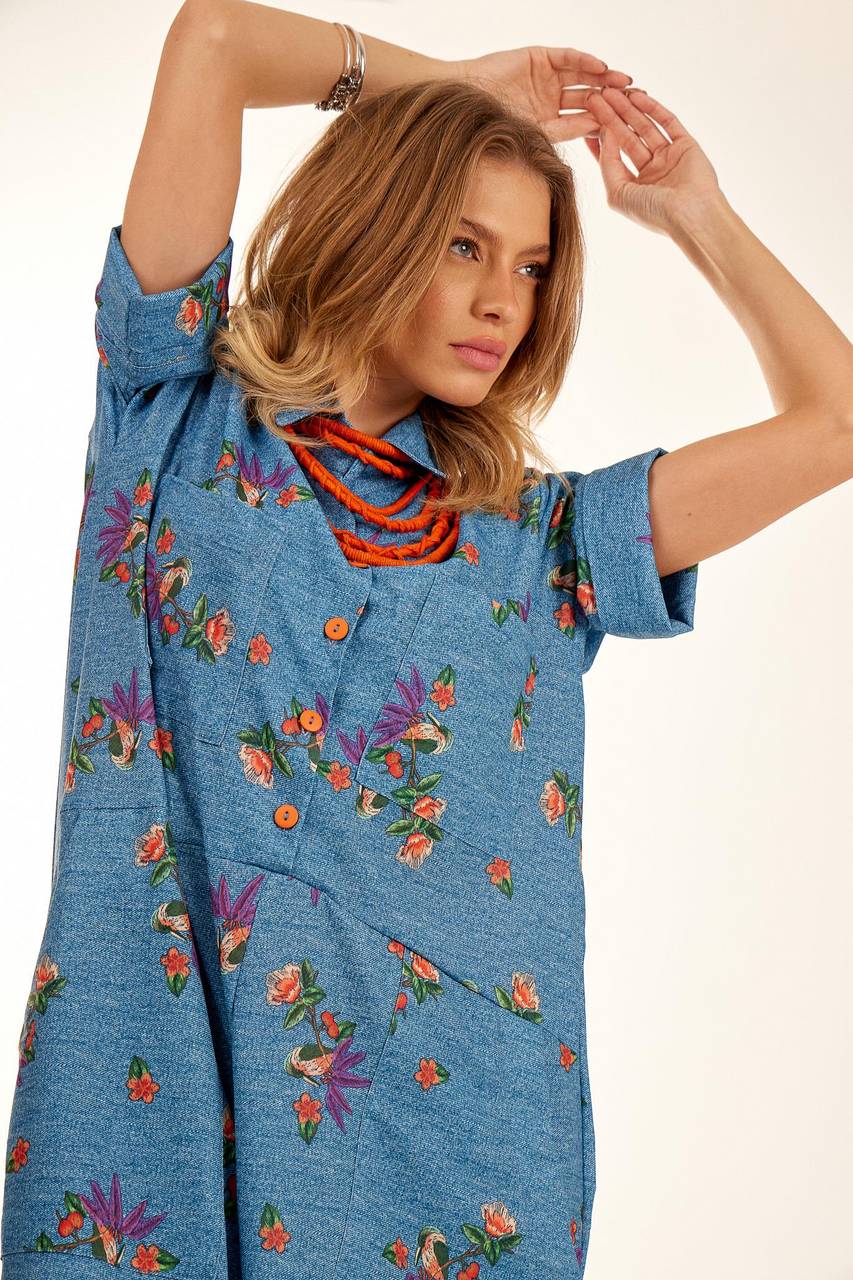 Yacamim Blue Printed Polyester Palazzo Jumpsuit with Short Sleeves