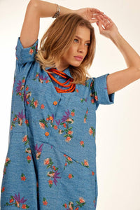 Yacamim Blue Printed Polyester Palazzo Jumpsuit with Short Sleeves