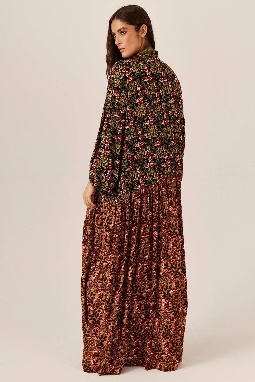 Bordeaux and Green Patchwork Long Dress Yacamim D31