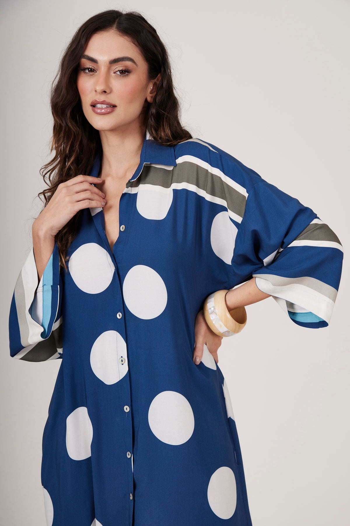 Yacamim N8 Dark Blue Polka Dot Print Loose Midi Shirt