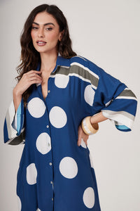 Yacamim N8 Dark Blue Polka Dot Print Loose Midi Shirt