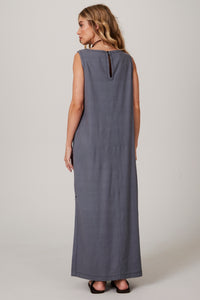 Yacamim D20 Dark Grey Linen Sleeveless Midi Dress Plain