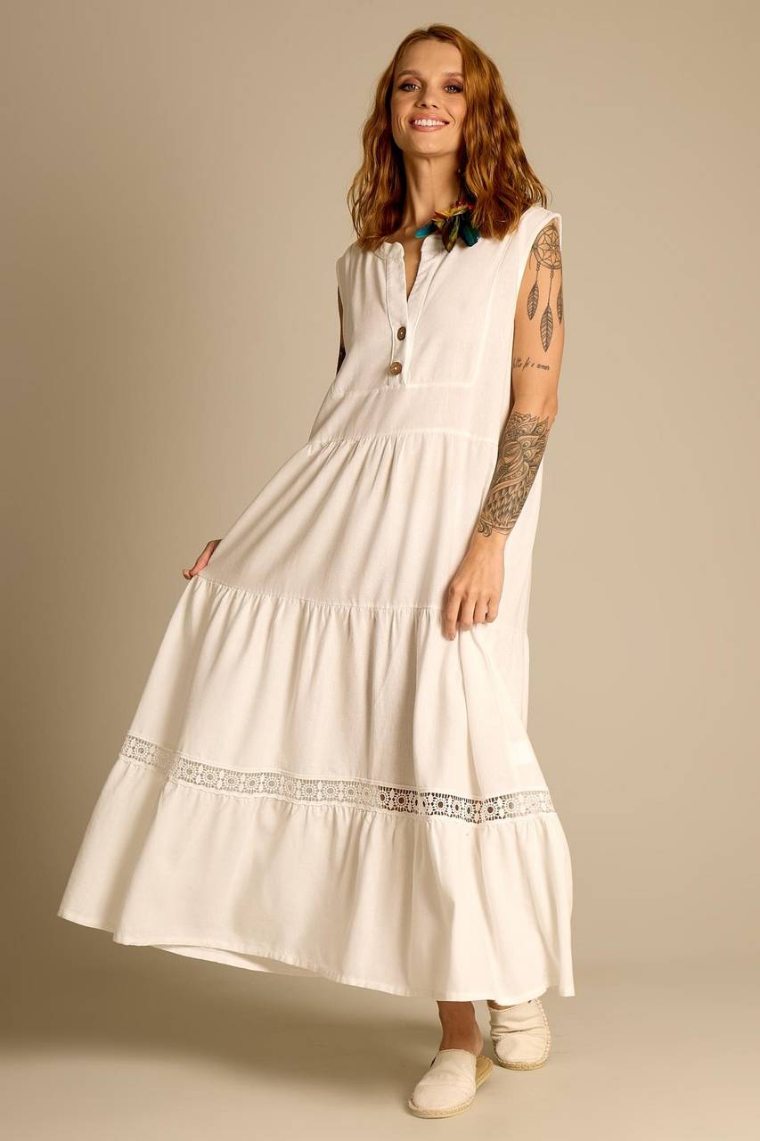 Yacamim Women's White Sleeveless Linen Midi Dress D4