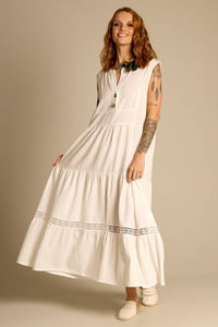 Yacamim Women's White Sleeveless Linen Midi Dress D4