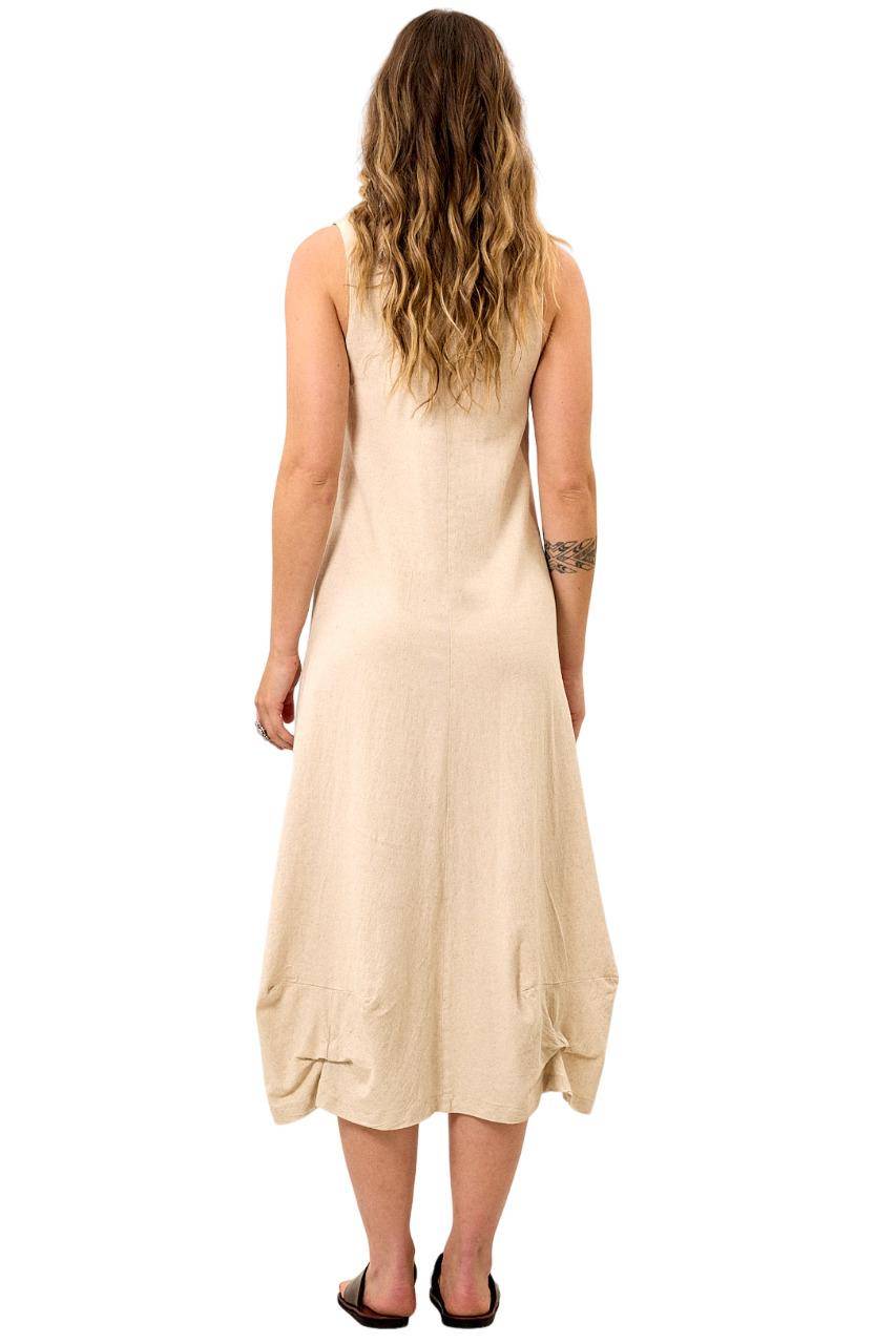 Yacamim Women's Beige Linen Midi Tank Dress with Scalloped Hem C17