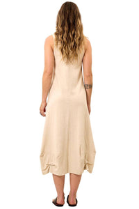Yacamim Women's Beige Linen Midi Tank Dress with Scalloped Hem C17