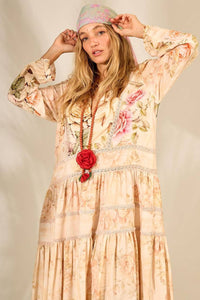 Long Beige Printed Long-Sleeved Dress Yacamim Retro Collection E22