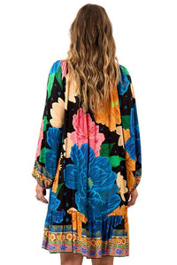 Yacamim Blue Printed Short Dress With Puffy Long Sleeves