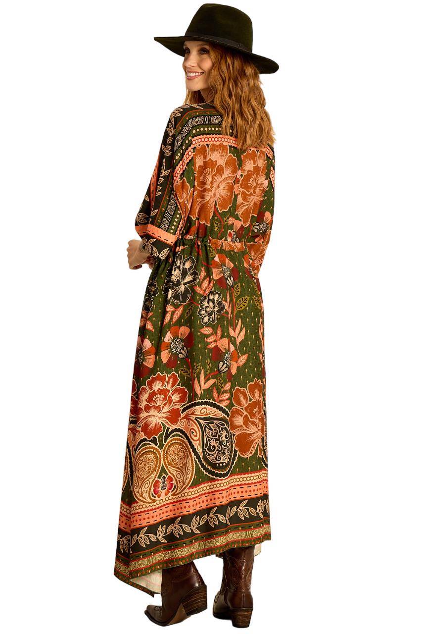Yacamim Printed Dark Green Long Kaftan with Waist Tunnel