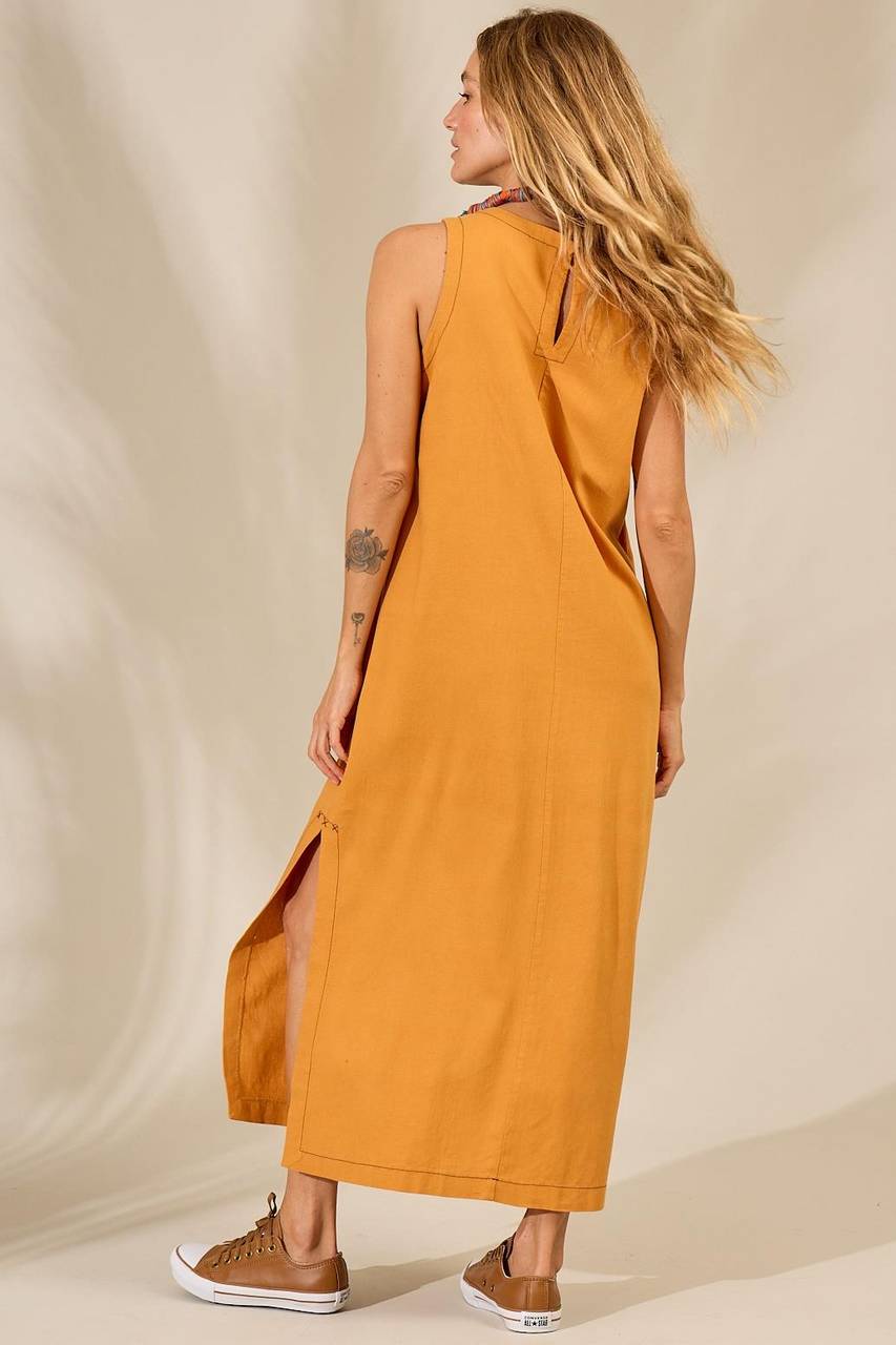Yacamim E23 Mustard Linen Tank Midi Dress