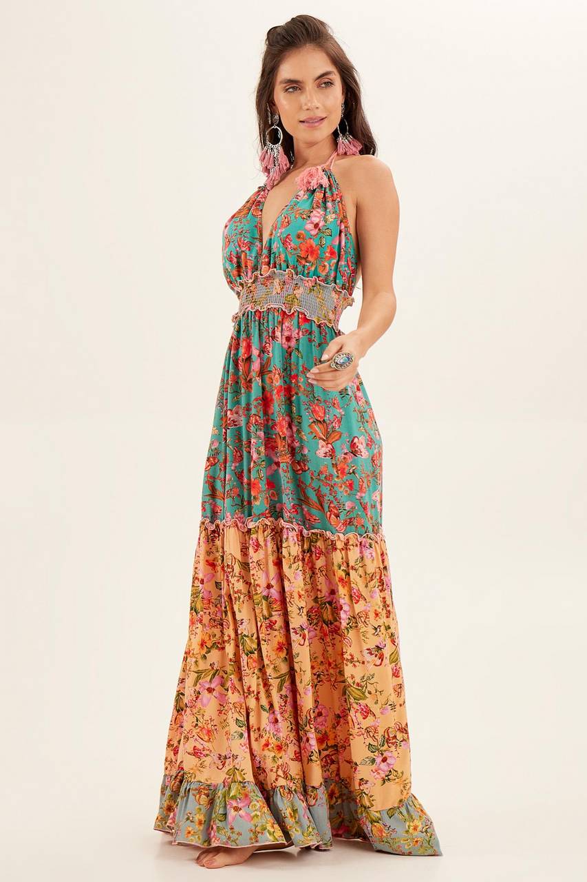 Yacamim Orange Patchwork Halter Maxi Dress