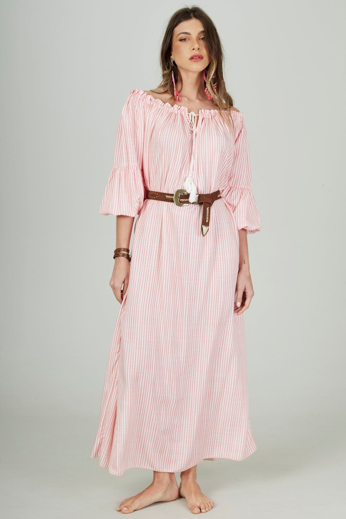 Yacamim D22 Pink Striped Off-the-Shoulder Midi Dress with Drawstring
