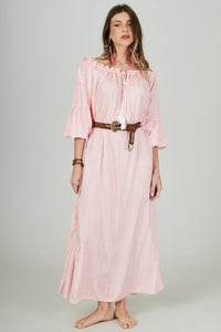 Yacamim D22 Pink Striped Off-the-Shoulder Midi Dress with Drawstring