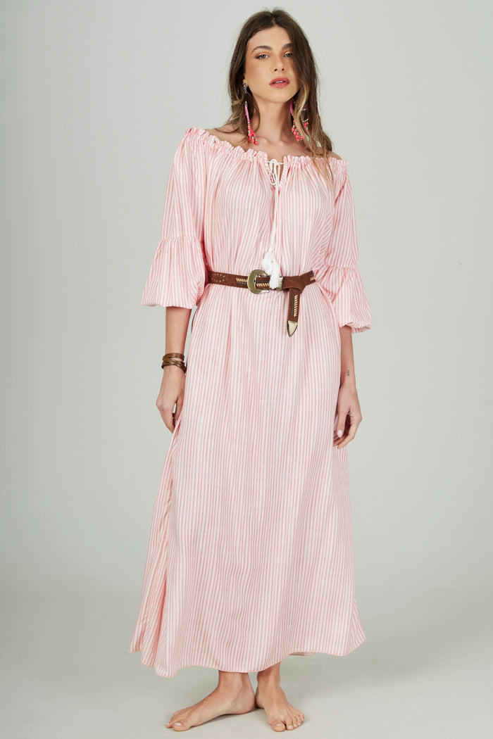 Yacamim D22 Pink Striped Off-the-Shoulder Midi Dress with Drawstring