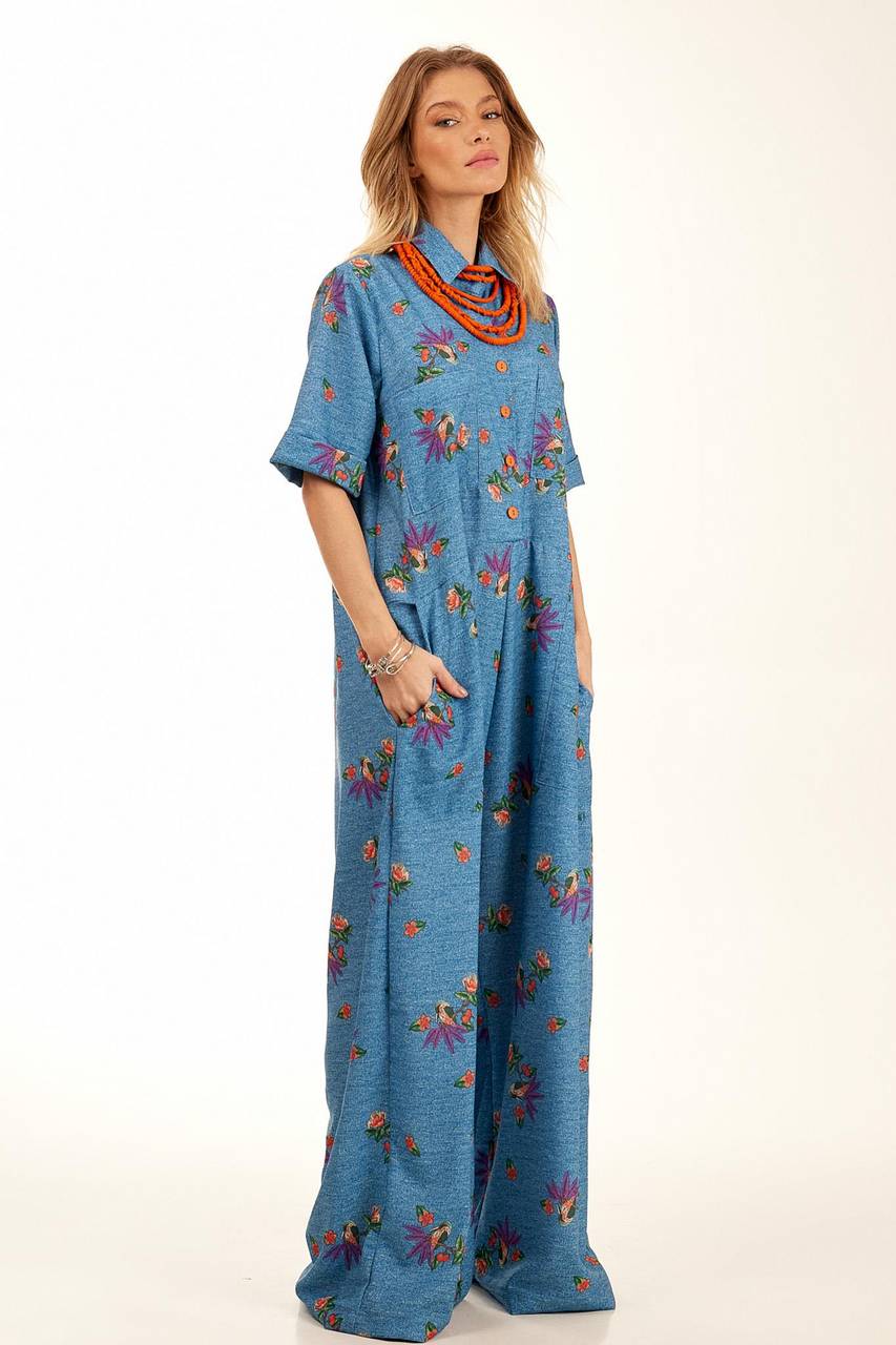 Yacamim Blue Printed Polyester Palazzo Jumpsuit with Short Sleeves