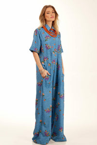 Yacamim Blue Printed Polyester Palazzo Jumpsuit with Short Sleeves