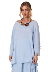 Light Blue Wide Canoe Neck Blouse Yacamim A28