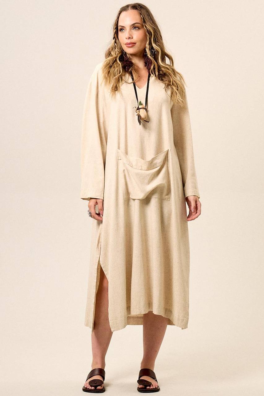 Yacamim Beige Viscose Linen Midi Dress with Long Sleeves and Hood
