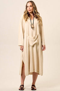 Yacamim Beige Viscose Linen Midi Dress with Long Sleeves and Hood