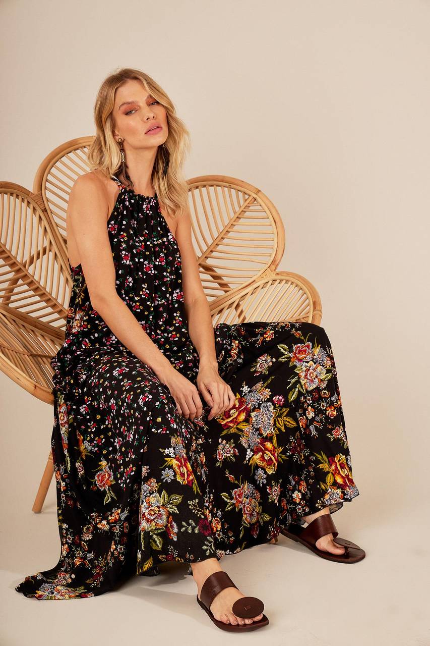 Yacamim Black Patchwork Long Dress with Tunnel Straps and Side Pockets