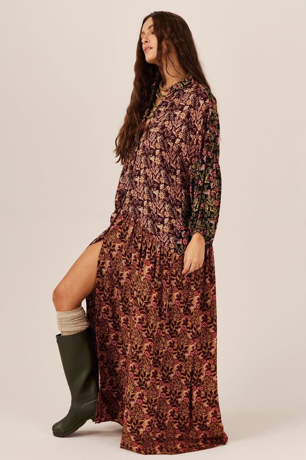 Bordeaux and Green Patchwork Long Dress Yacamim D31