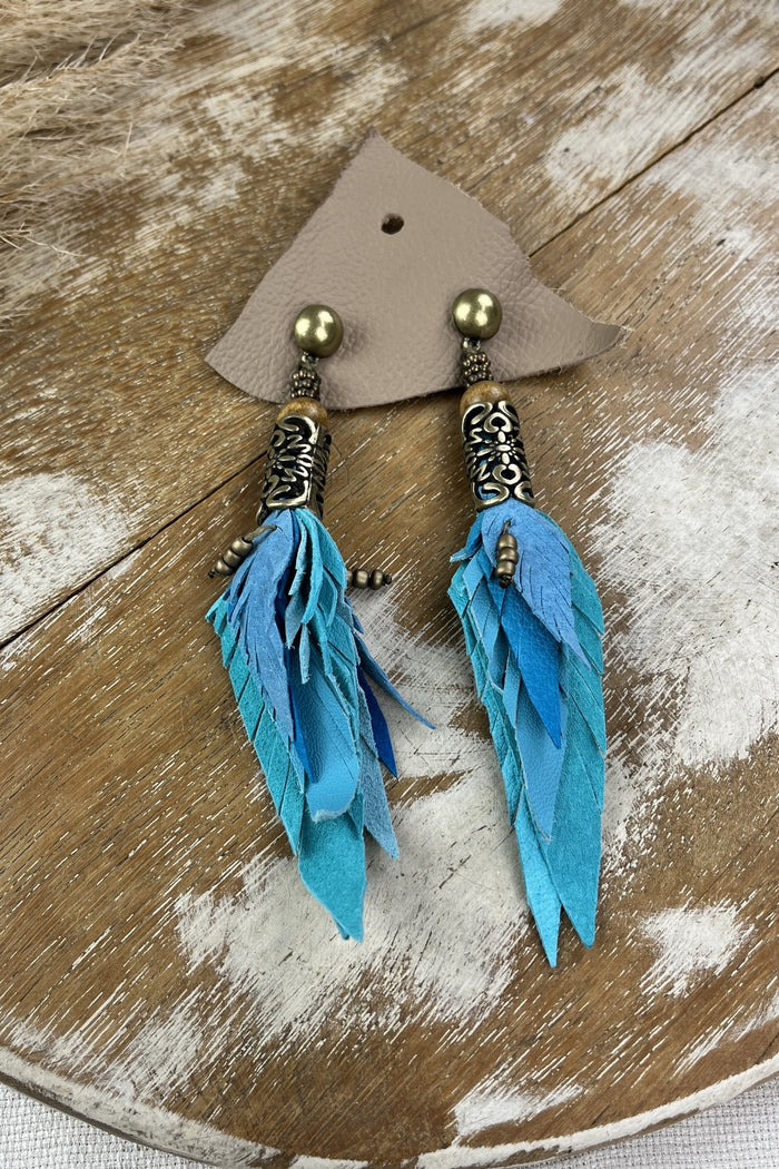 Handmade Blue Leather Earring with Worked Metal Yacamim #157