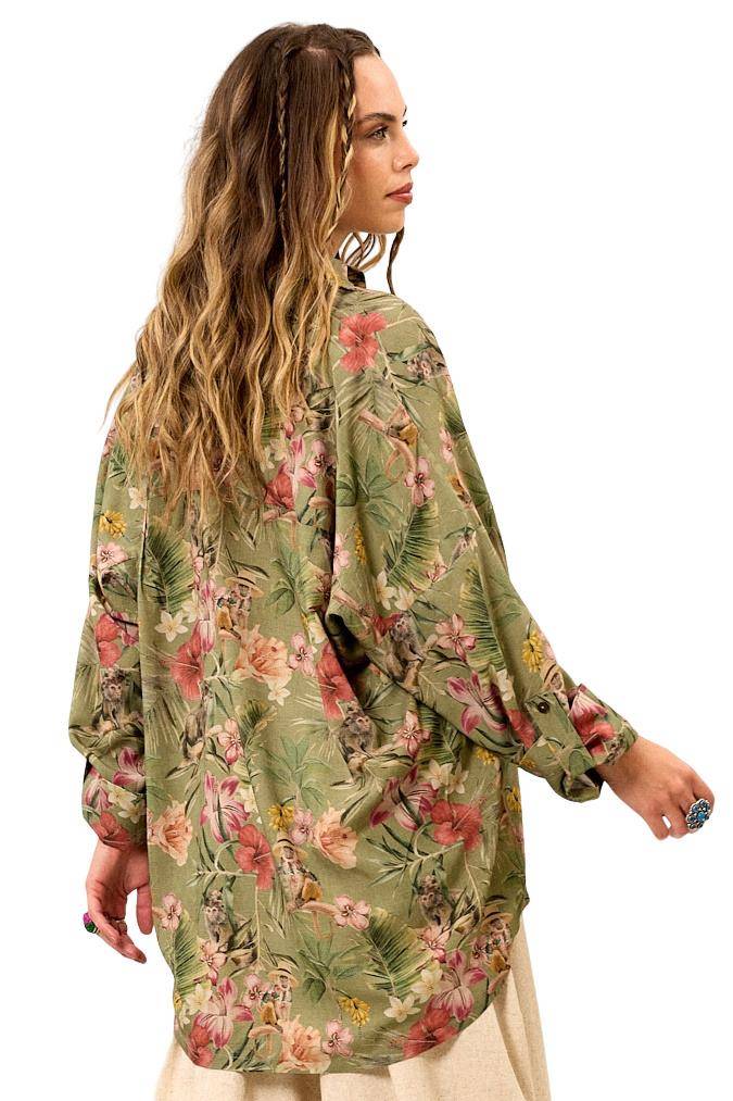 Yacamim Green Printed Loose Shirt with Long Sleeves A8