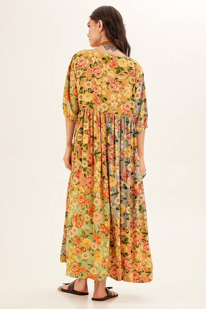 Yacamim Yellow Patchwork 3/4 Sleeve Midi Dress