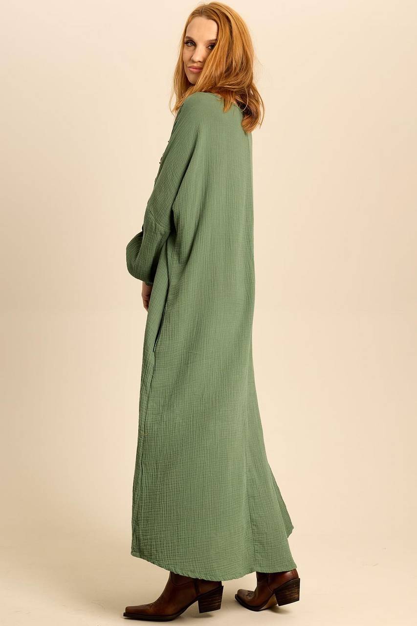 Long Dress with Long Sleeves and Pockets Moss Green Yacamim D26