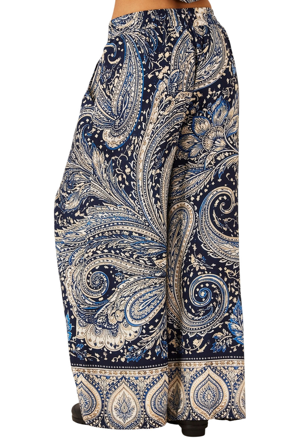 Yacamim A20 Blue Paisley Print Wide-Leg Pants with Pockets