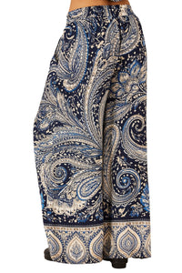 Yacamim A20 Blue Paisley Print Wide-Leg Pants with Pockets