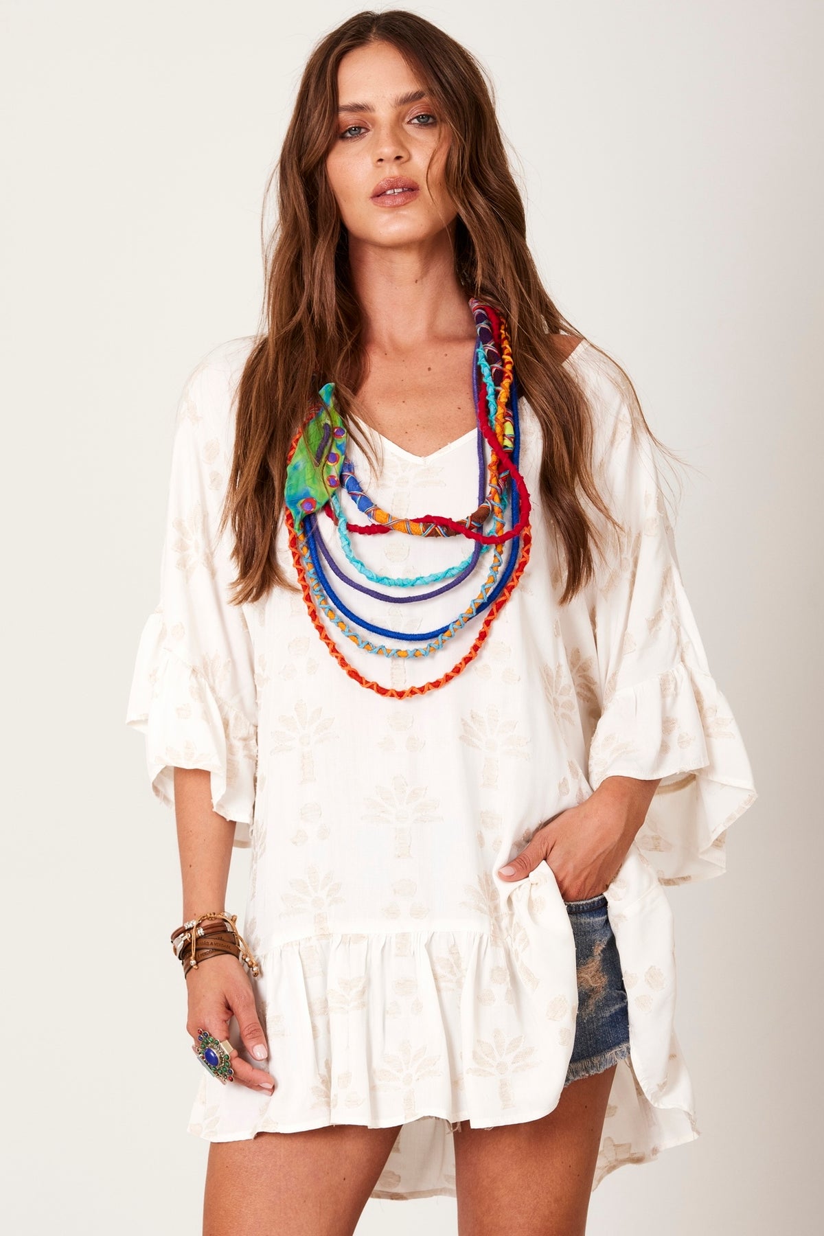 Yacamim B25 Beige Linen Robe with Textured Flowers