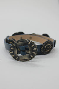 Yacamim Navy Blue Leather Belt with Old Gold Buckle #670