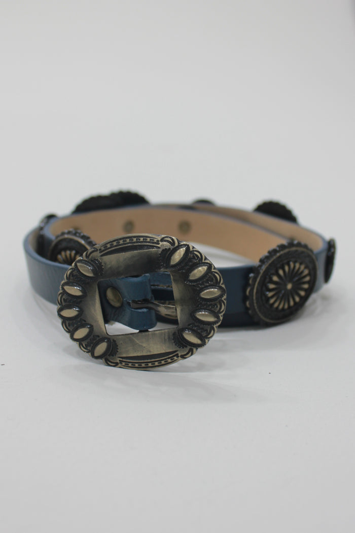 Yacamim Navy Blue Leather Belt with Old Gold Buckle #670