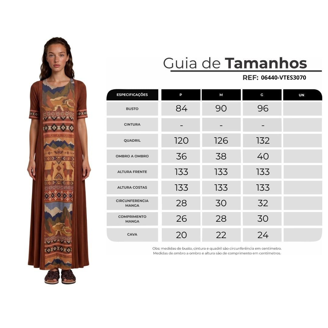 Vestido Longo Marrom Estampado Coleção Peru Yacamim K2