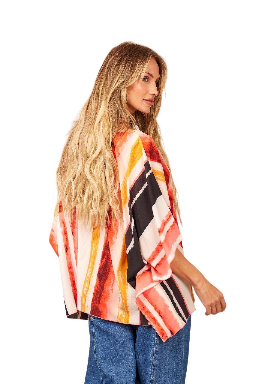 Yacamim Printed Striped V-Neck Loose Tunic