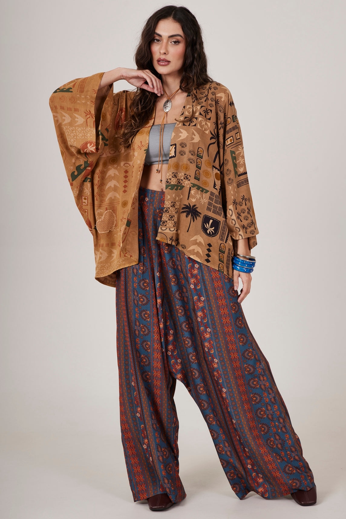 Yacamim Teal Printed Harem Wide-Leg Pants G10