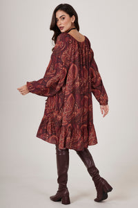 Yacamim D18 Paisley Print Burgundy Short Dress