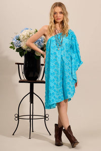 Yacamim Blue One-Shoulder Short Dress with Embroidered Flowers D2