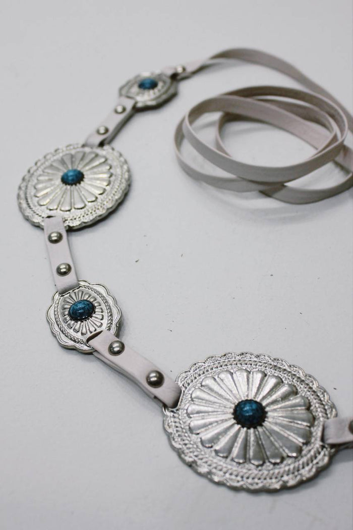 White Vegan Leather Tie Belt With Thin Strap and Metal Accents Yacamim #678