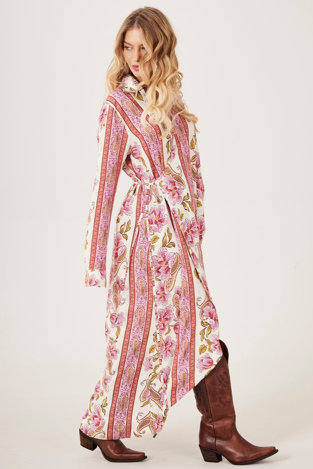 Yacamim Pink Paisley Print Wrap Long Shirt M3
