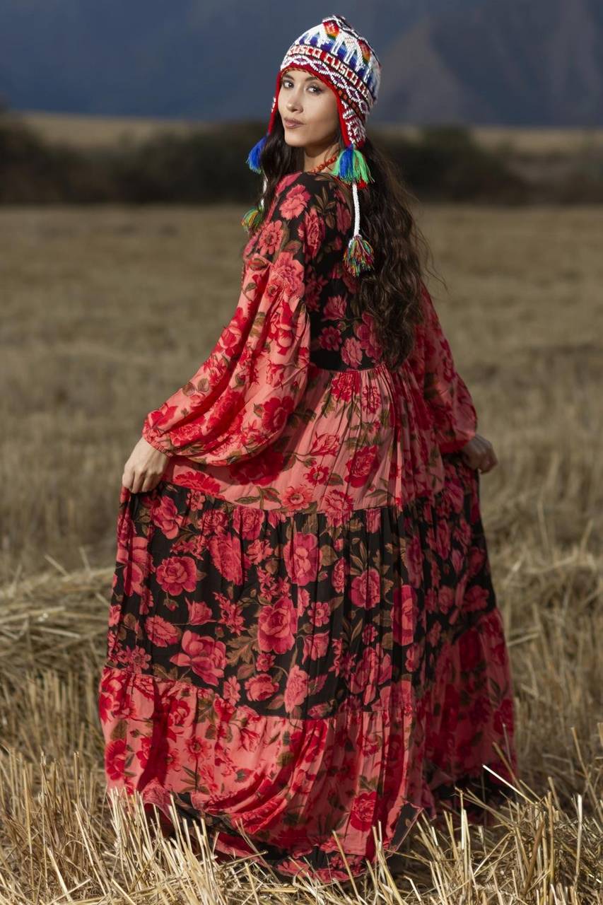 Yacamim Patchwork Pink Long Dress with Puffy Long Sleeves