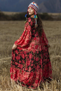 Yacamim Patchwork Pink Long Dress with Puffy Long Sleeves