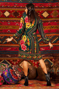Yacamim Dark Green V-Neck Printed Short Dress