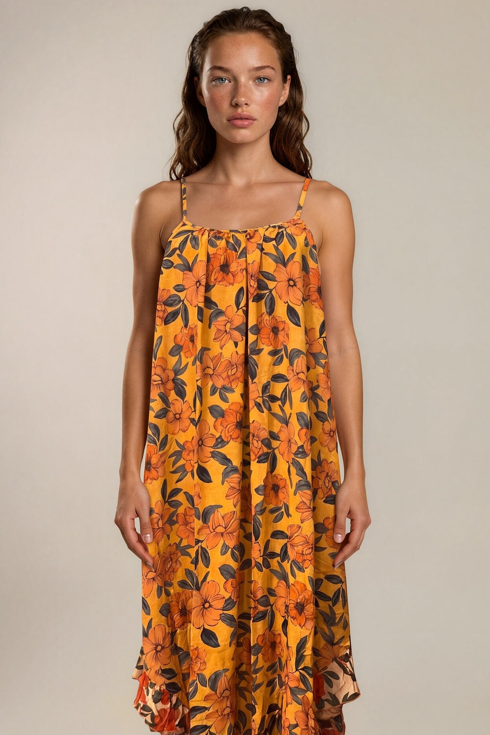 Vestido Midi De Alças Reguláveis Laranja Floral Patchwork Yacamim E7