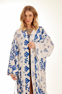 Yacamim Patchwork Printed White Long Kimono with Long Sleeves